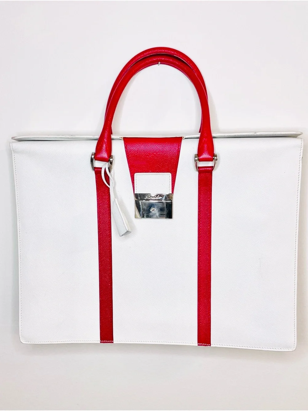 Brahmin White Structured Satchel w/ Red Trim & Silver Clasp